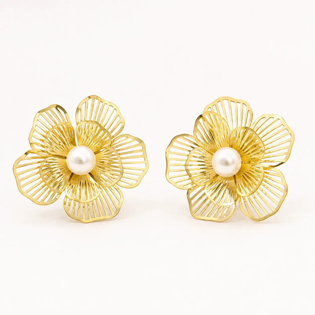 Golden Filigree Flower Pearl Stud Earrings