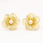 Load image into Gallery viewer, Golden Filigree Flower Pearl Stud Earrings
