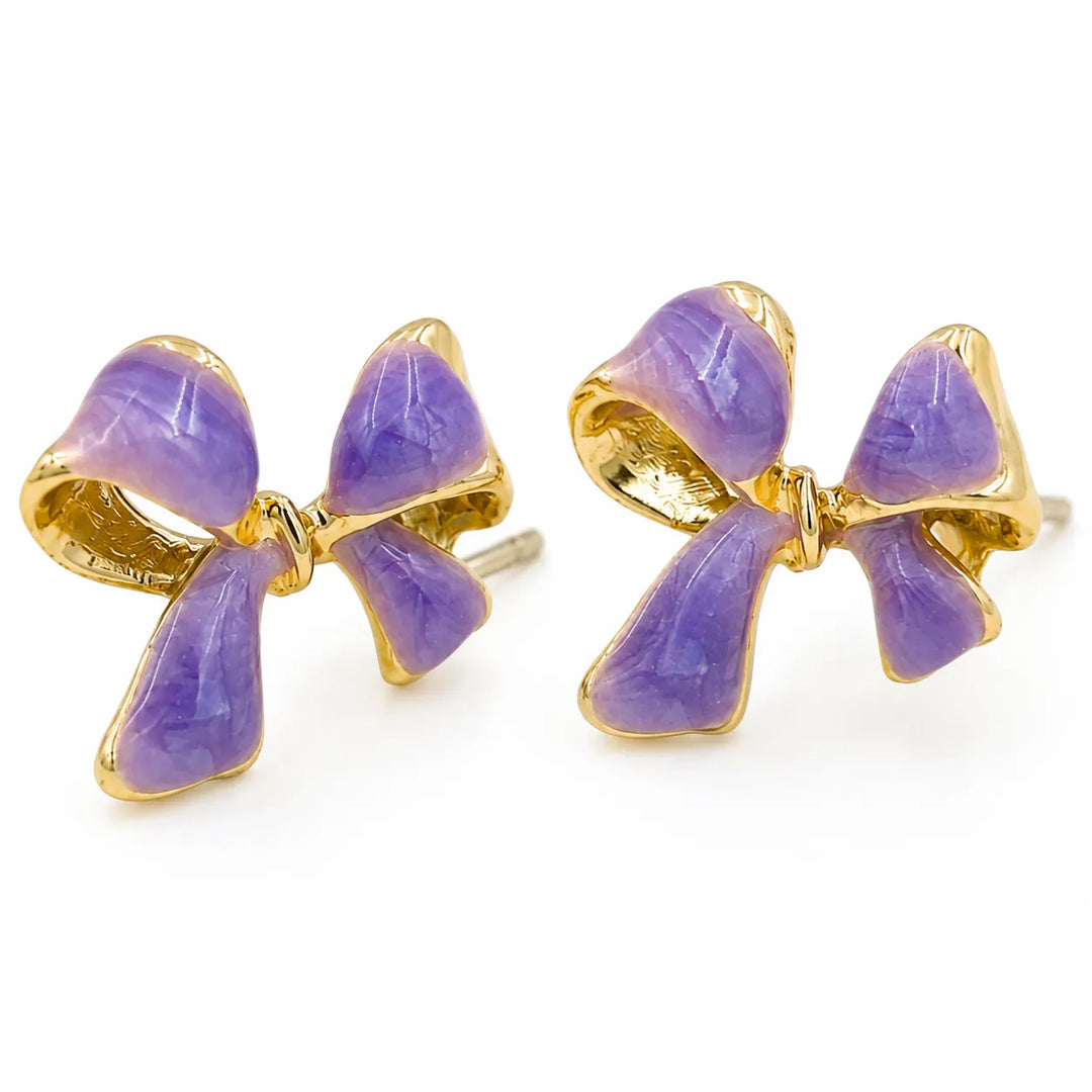 Lavender Bow Gold Rim Stud Earrings