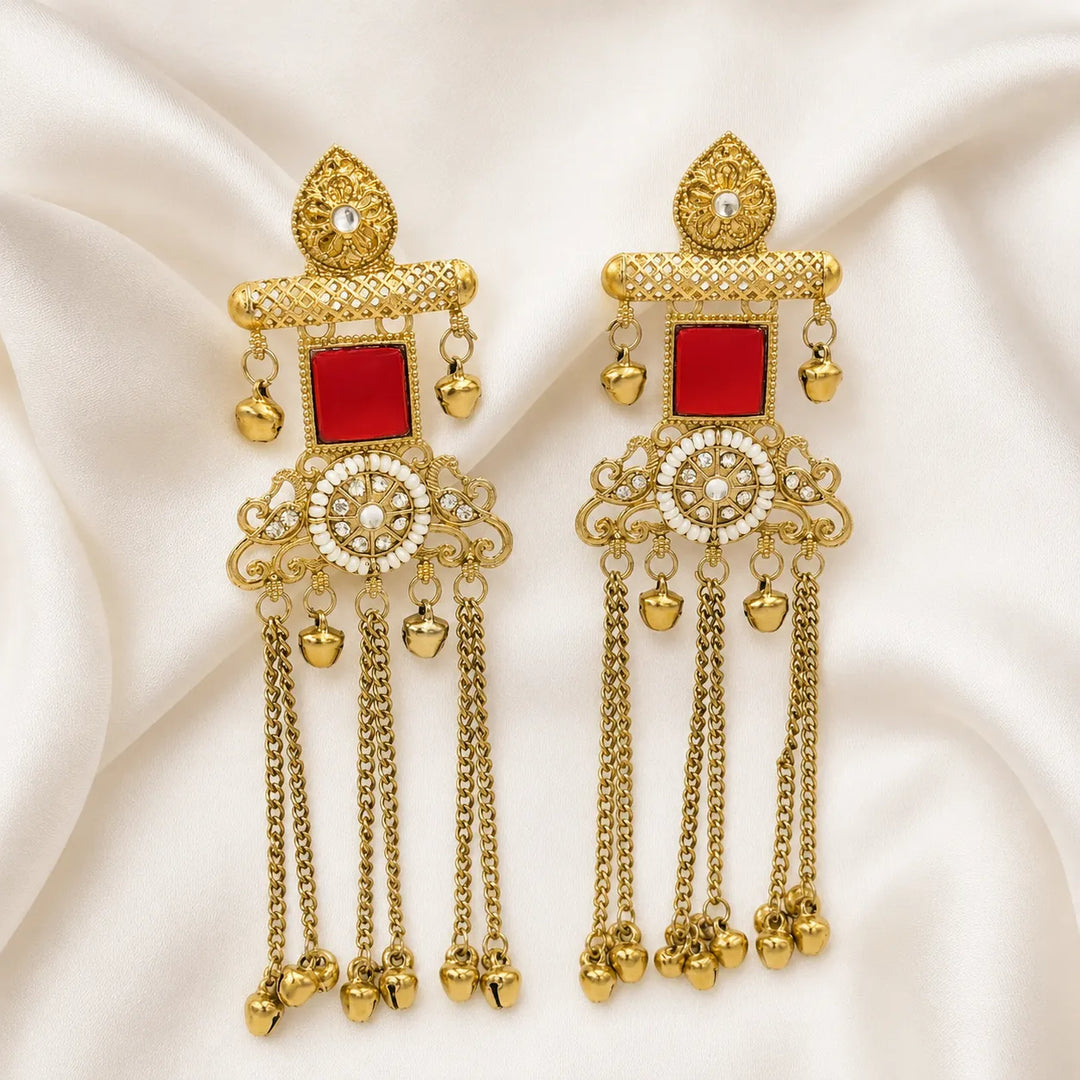 Rajwadi Red Stone Ghungroo Chain Earrings