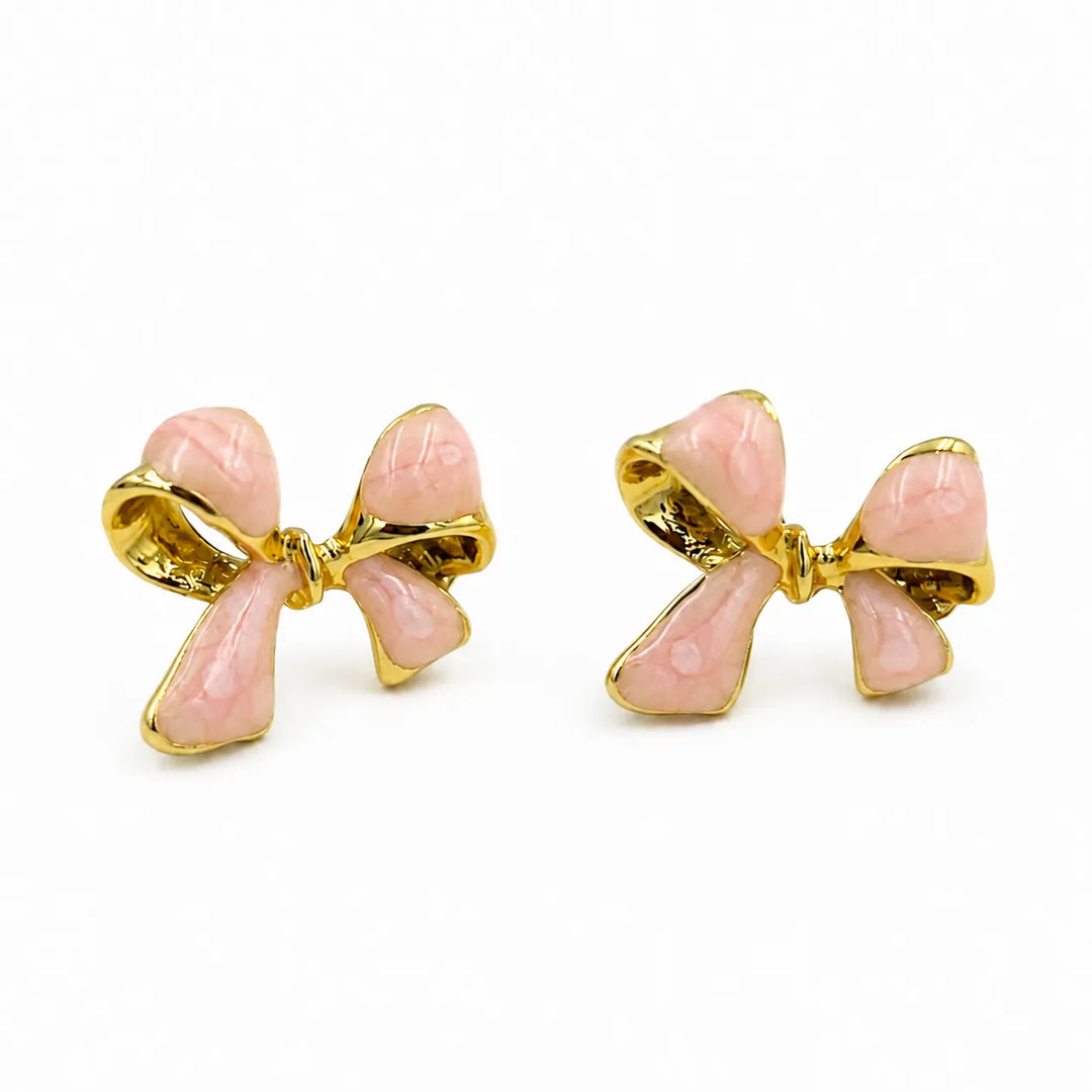 Blush Bow Gold Rim Stud Earrings