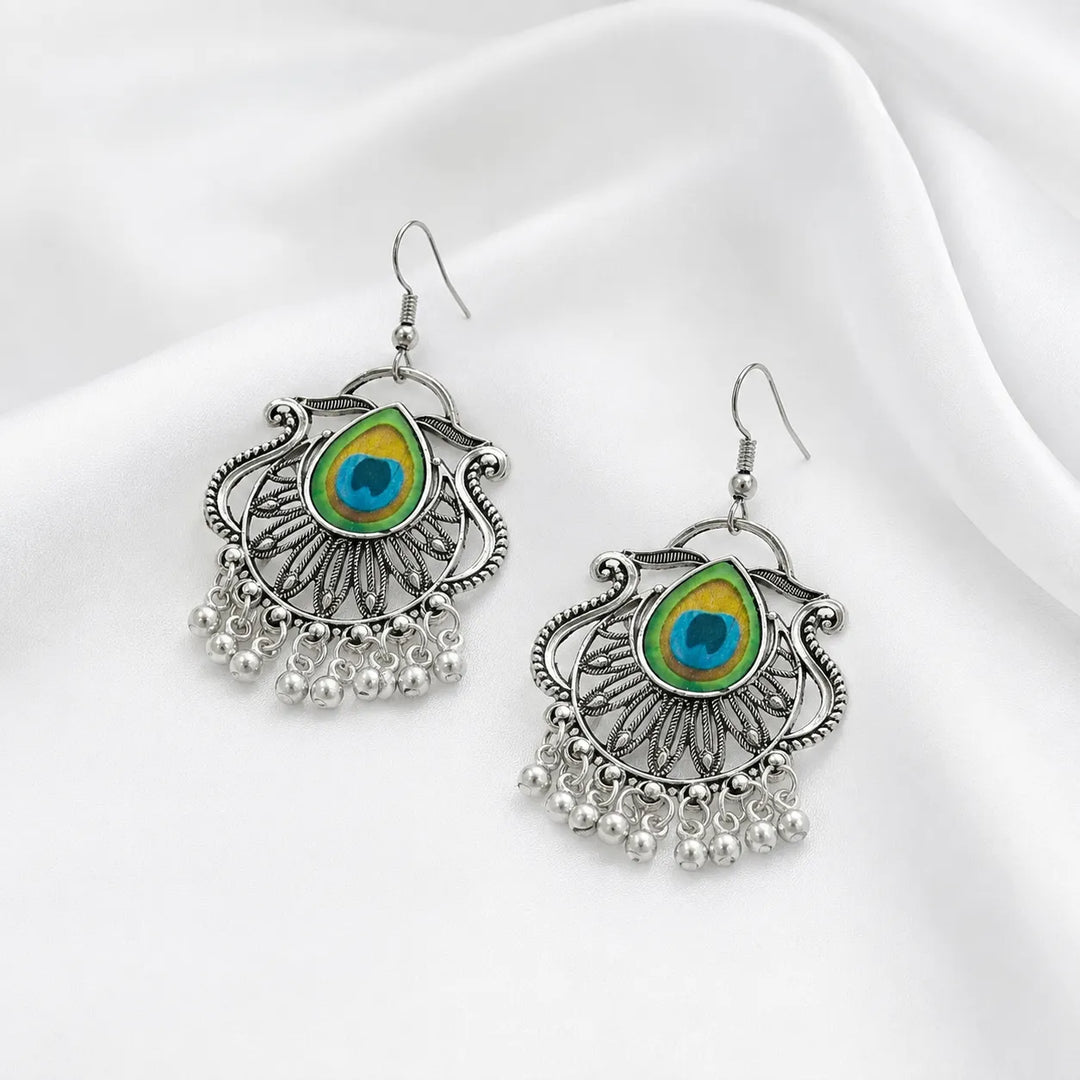 Peacock Feather Oxidised Silver Earrings