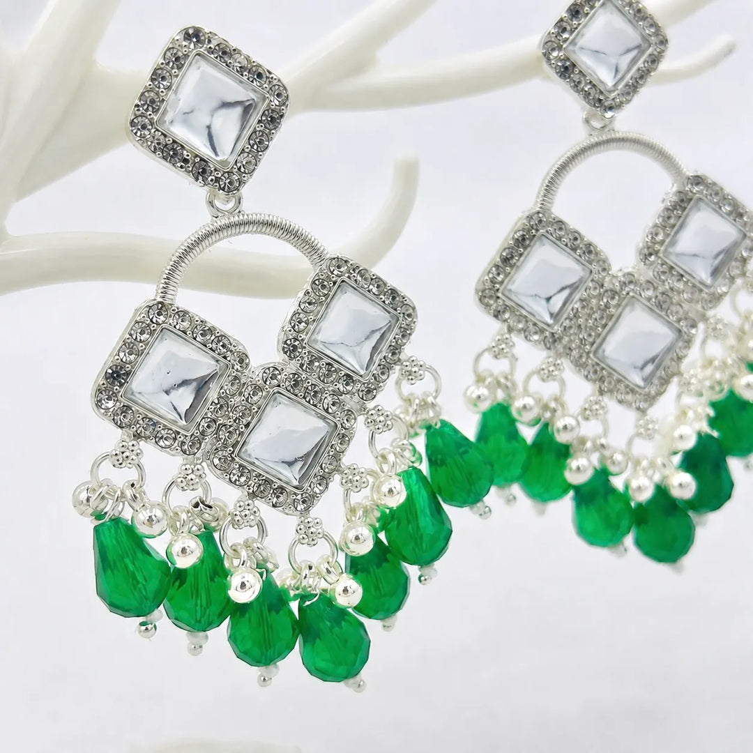 Kundan Square Emerald Bead Drop Earrings