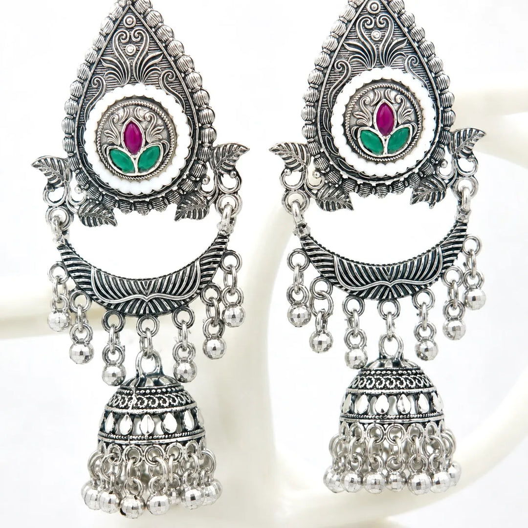 Oxidised Lotus Chandbali Jhumka Earrings