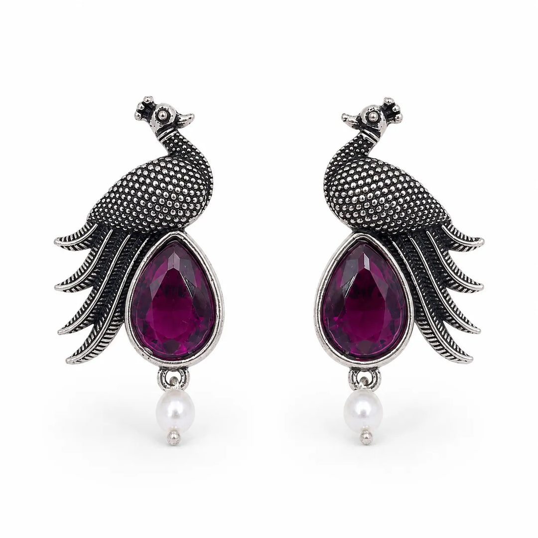 Oxidised Peacock Stone Pearl Drop Earrings
