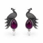 Load image into Gallery viewer, Oxidised Peacock Stone Pearl Drop Earrings
