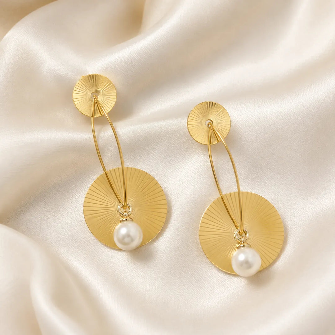 Sunburst Disc Pearl Drop Earrings