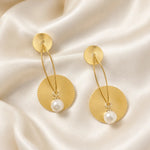 Load image into Gallery viewer, Sunburst Disc Pearl Drop Earrings
