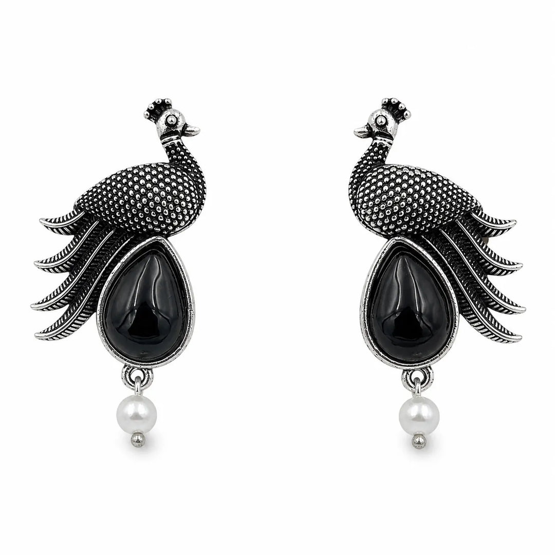 Oxidised Peacock Stone Pearl Drop Earrings