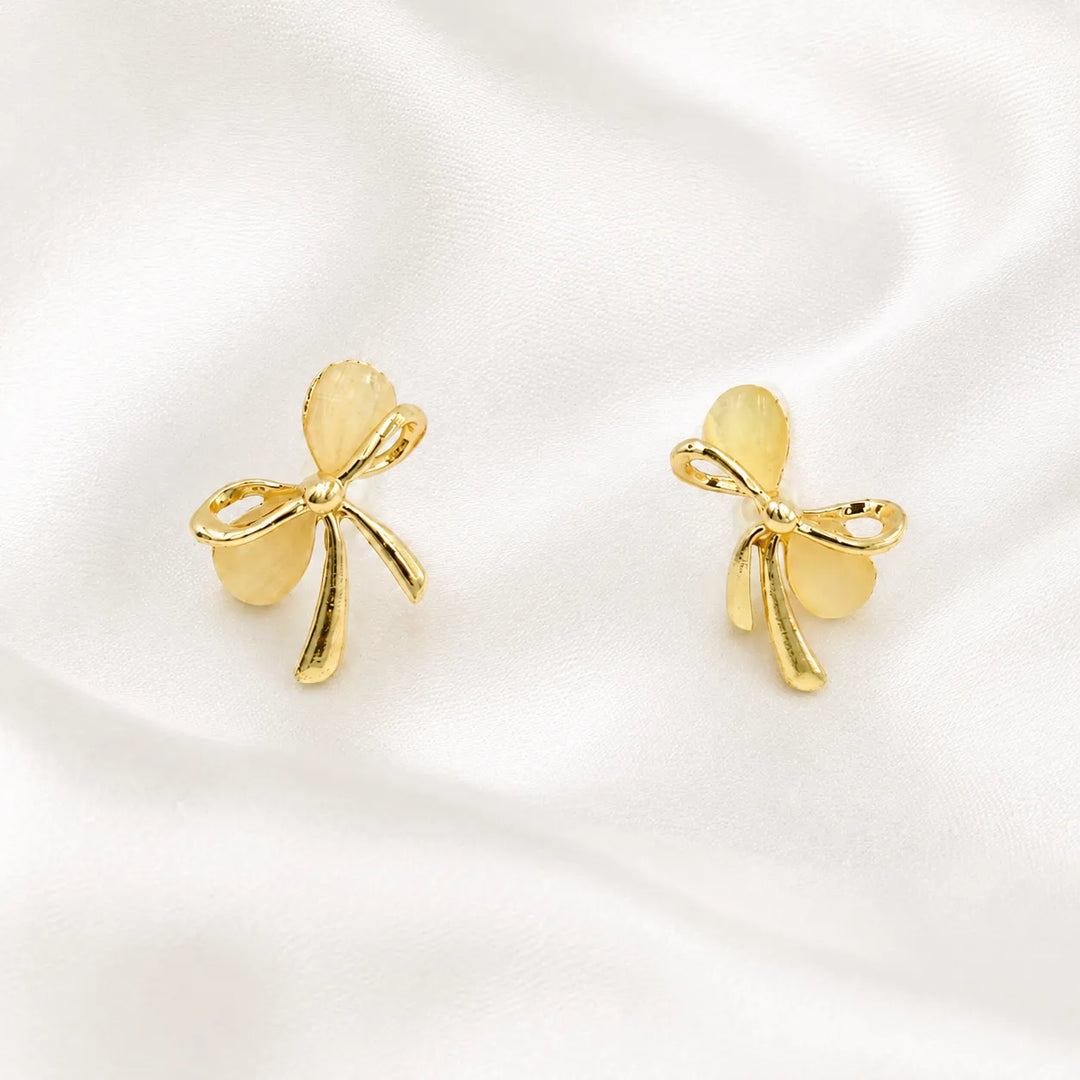 Gold Open Bow Opal Stud Earrings