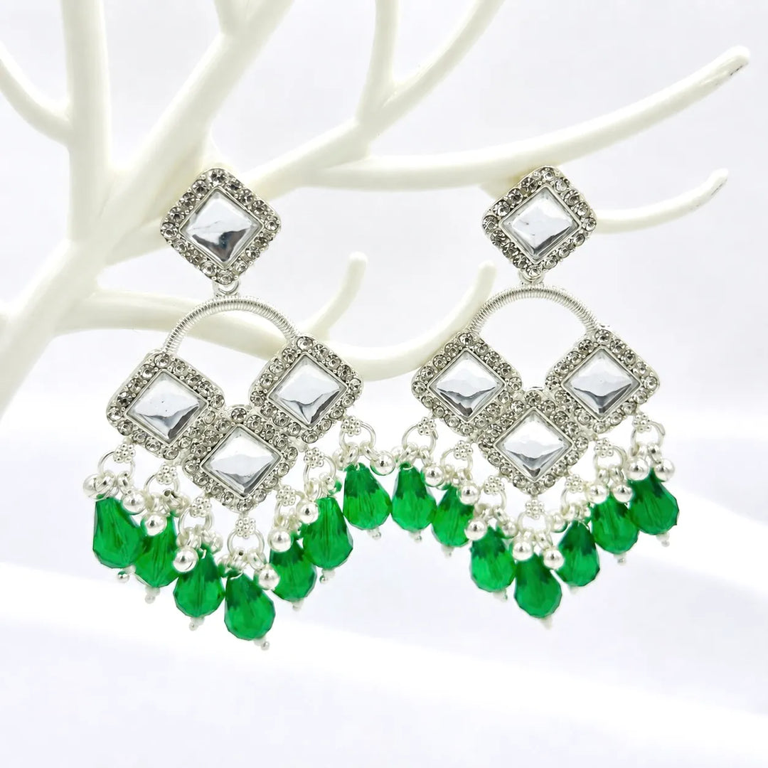 Kundan Square Emerald Bead Drop Earrings