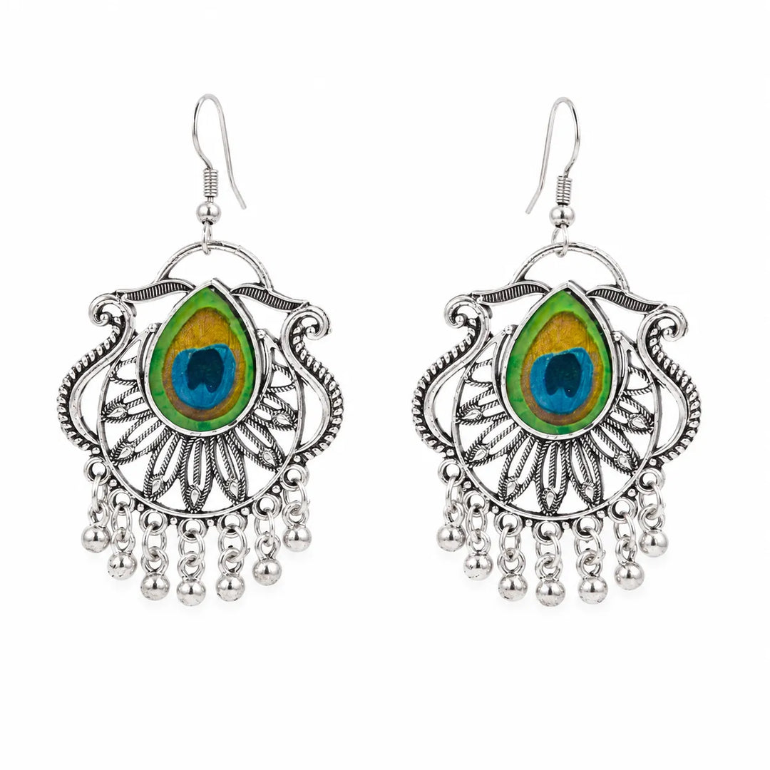 Peacock Feather Oxidised Silver Earrings