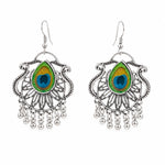 Load image into Gallery viewer, Peacock Feather Oxidised Silver Earrings
