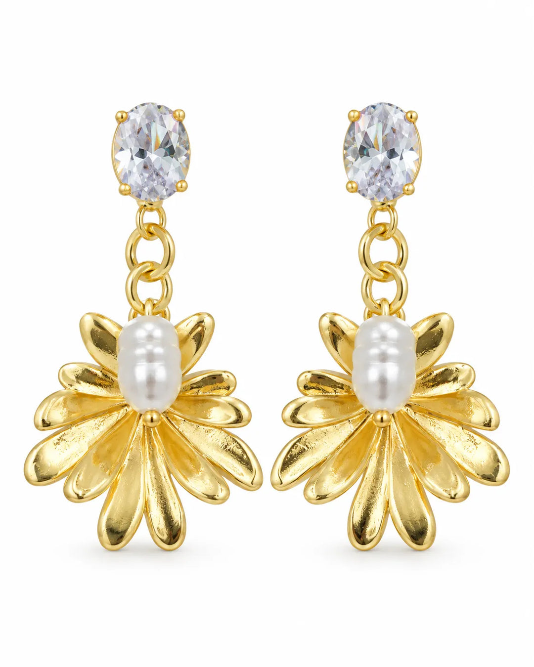 Ruvique Gold Sunburst Pearl Chain Drop Earrings