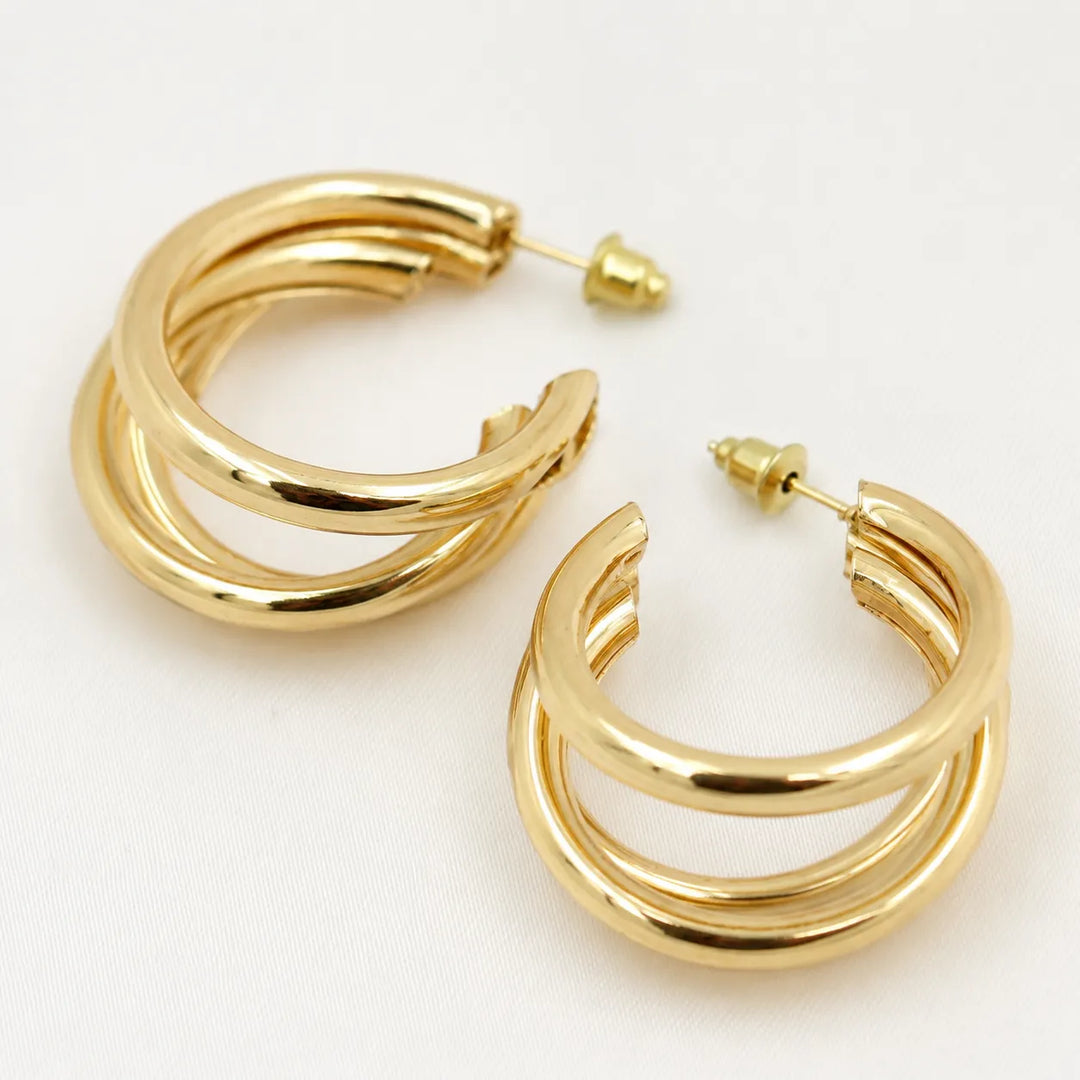 Triple Tube Gold Hoop Earrings