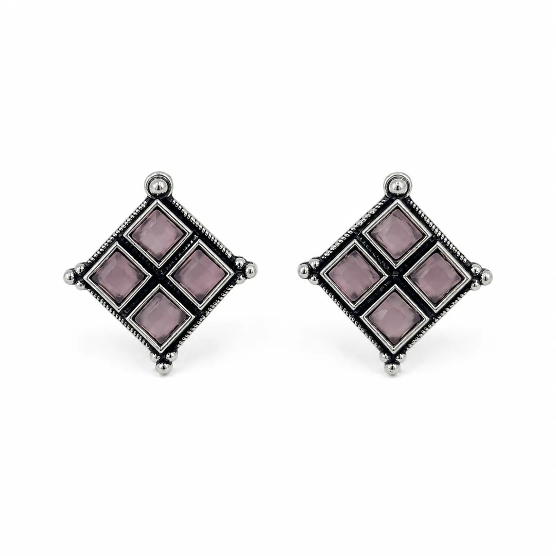 Oxidised Diamond Grid Square Stone Stud Earrings