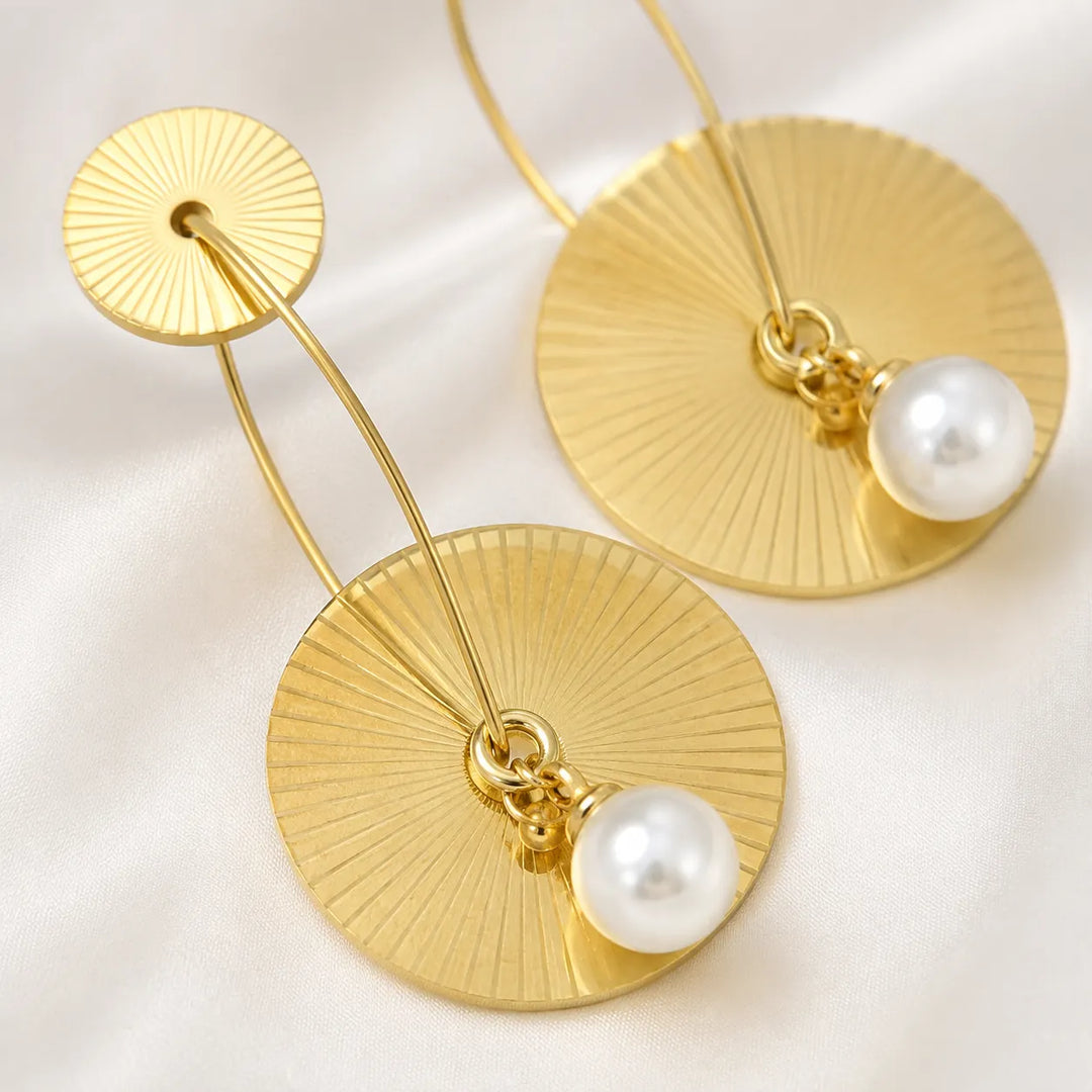 Sunburst Disc Pearl Drop Earrings