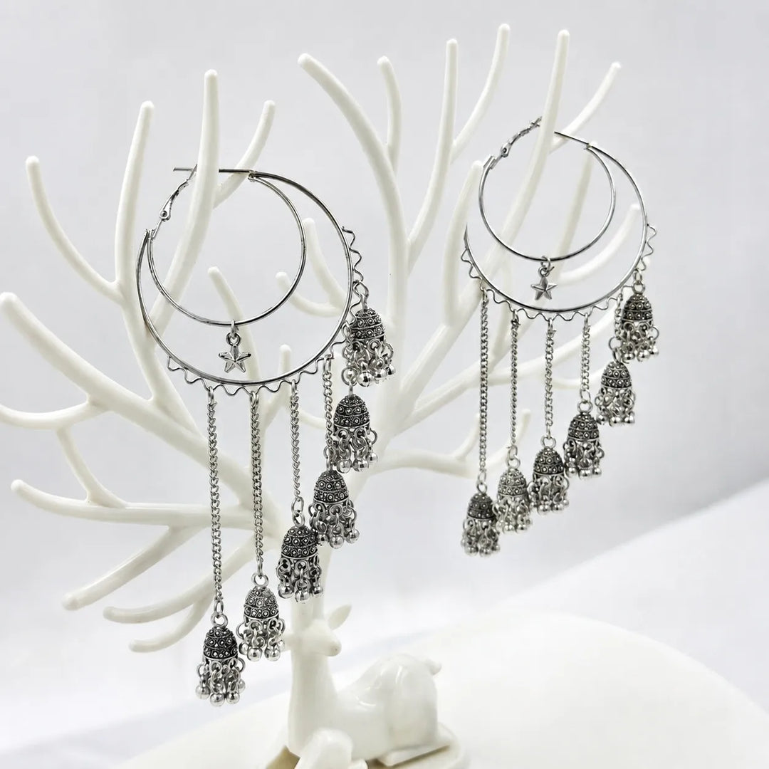 Crescent Moon Multi Jhumka Tassel Hoop Earrings