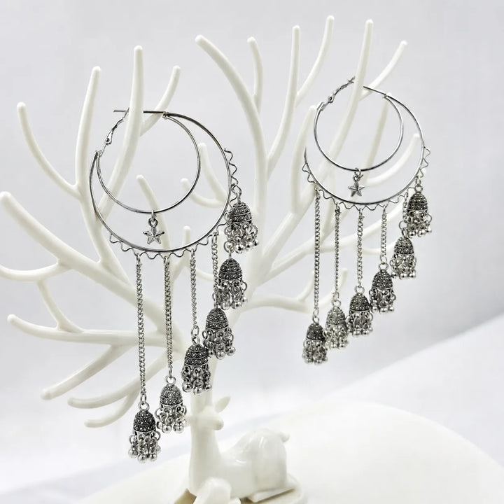 Crescent Moon Multi Jhumka Tassel Hoop Earrings