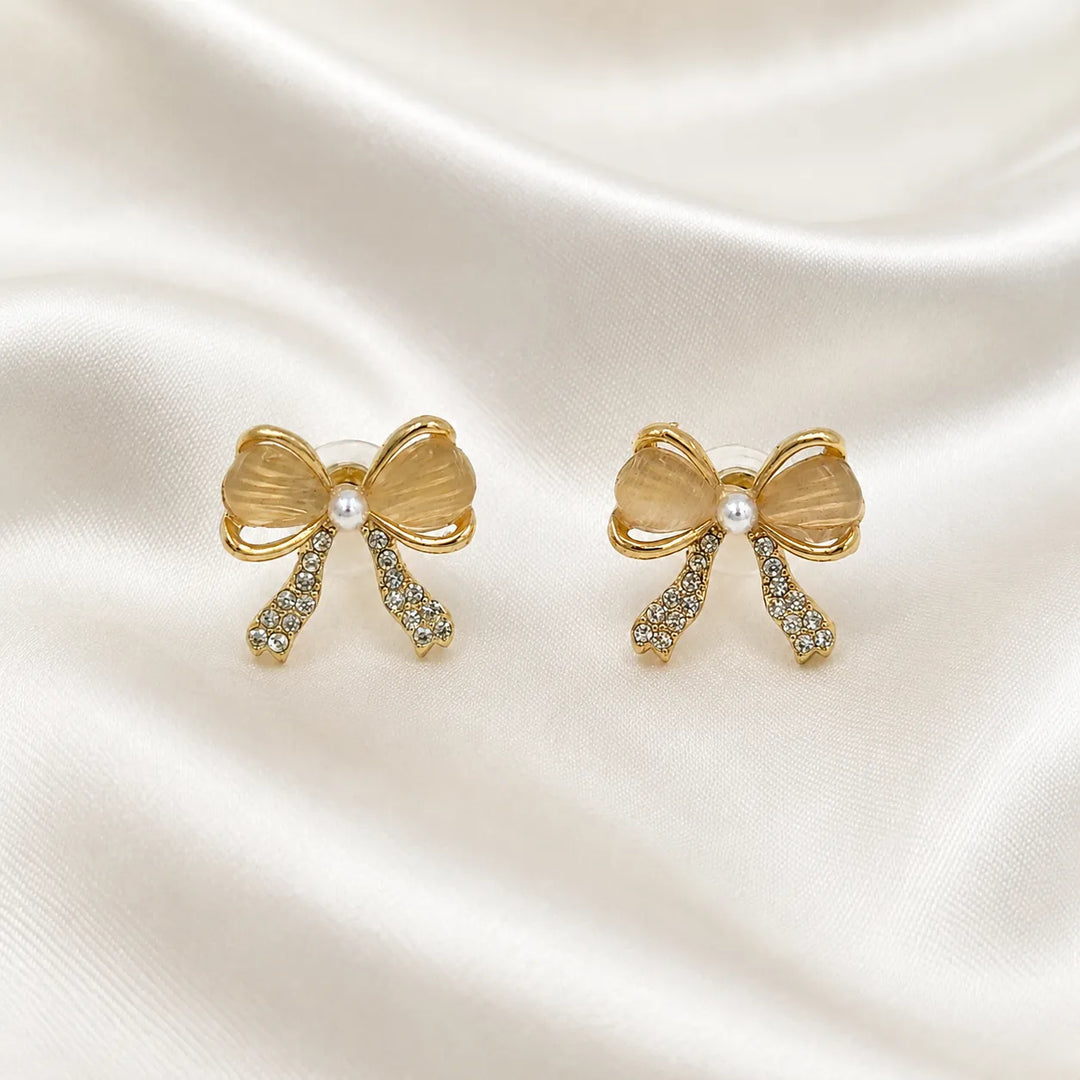 Opal Ribbon Bow Pavé Gold Studs