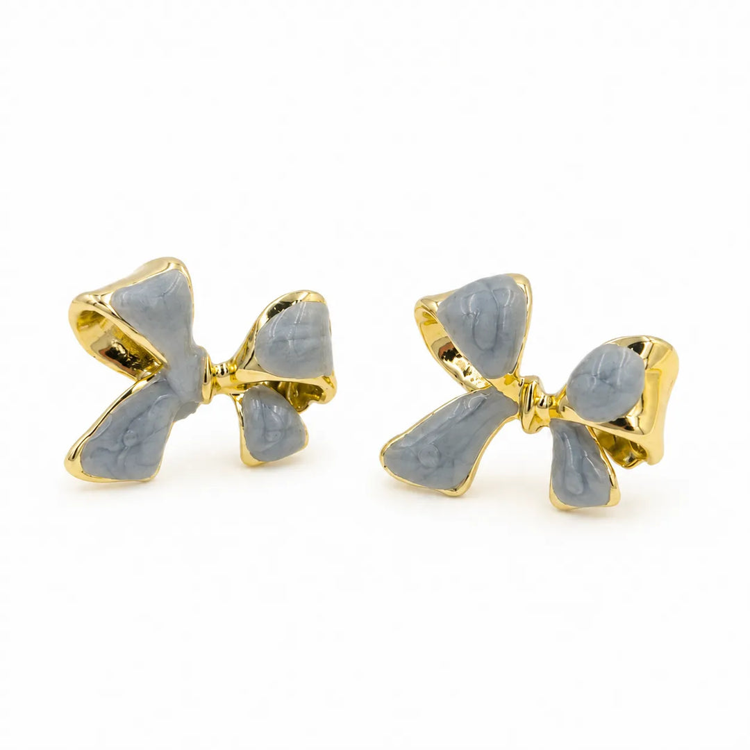 Slate Blue Bow Gold Rim Stud Earrings
