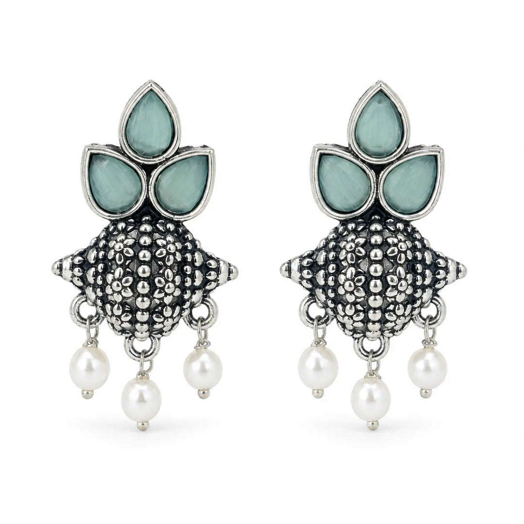 Oxidised Tri-Petal Dome Jhumka with Pearl Drops