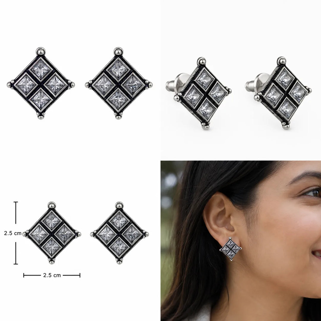 Oxidised Diamond Grid Square Stone Stud Earrings