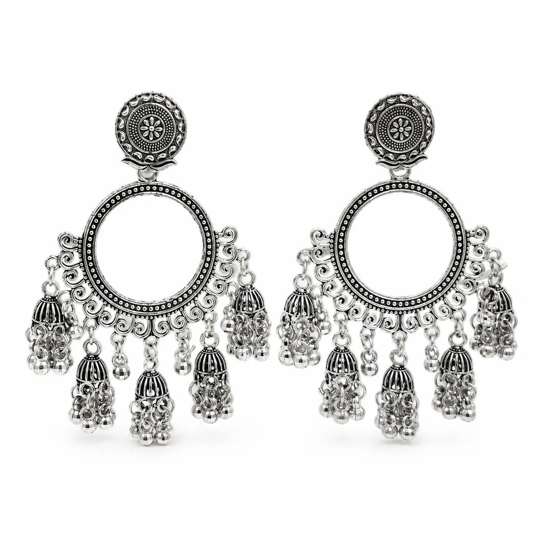 Silver Filigree Hoop Multi Jhumka Earrings