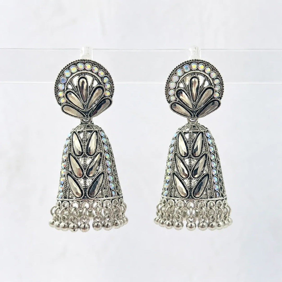 Mirror Stone Oxidised Jhumka Earrings - Silver with mirror stone inlays and ghungroo danglers