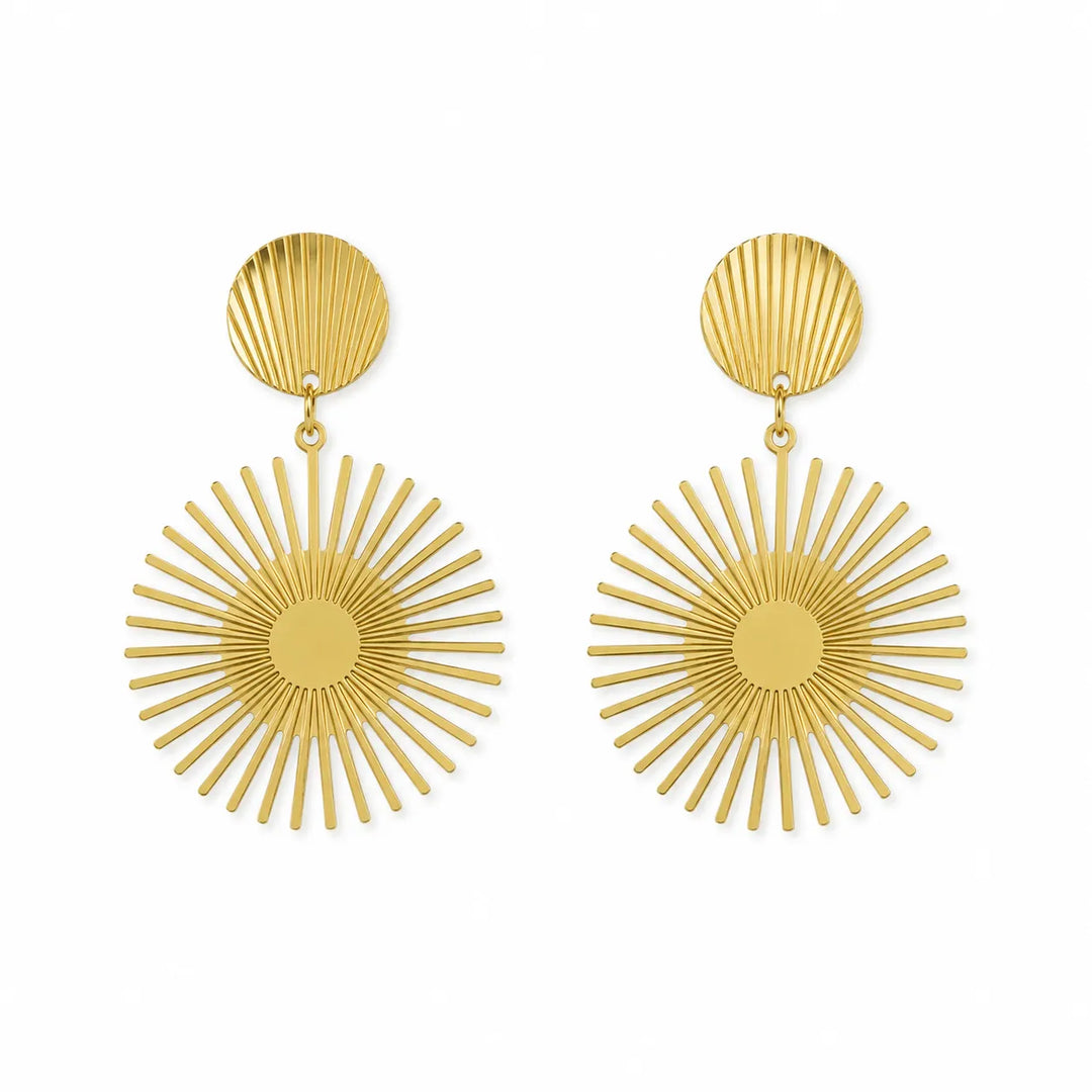 Golden Sunburst Disc Drop Earrings