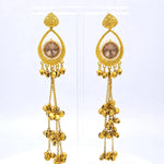 Load image into Gallery viewer, Champagne Crystal Kashmiri Ghungroo Zumka Earrings - Gold teardrop chandbali with champagne crystal centre and layered ghungroo tassel chains
