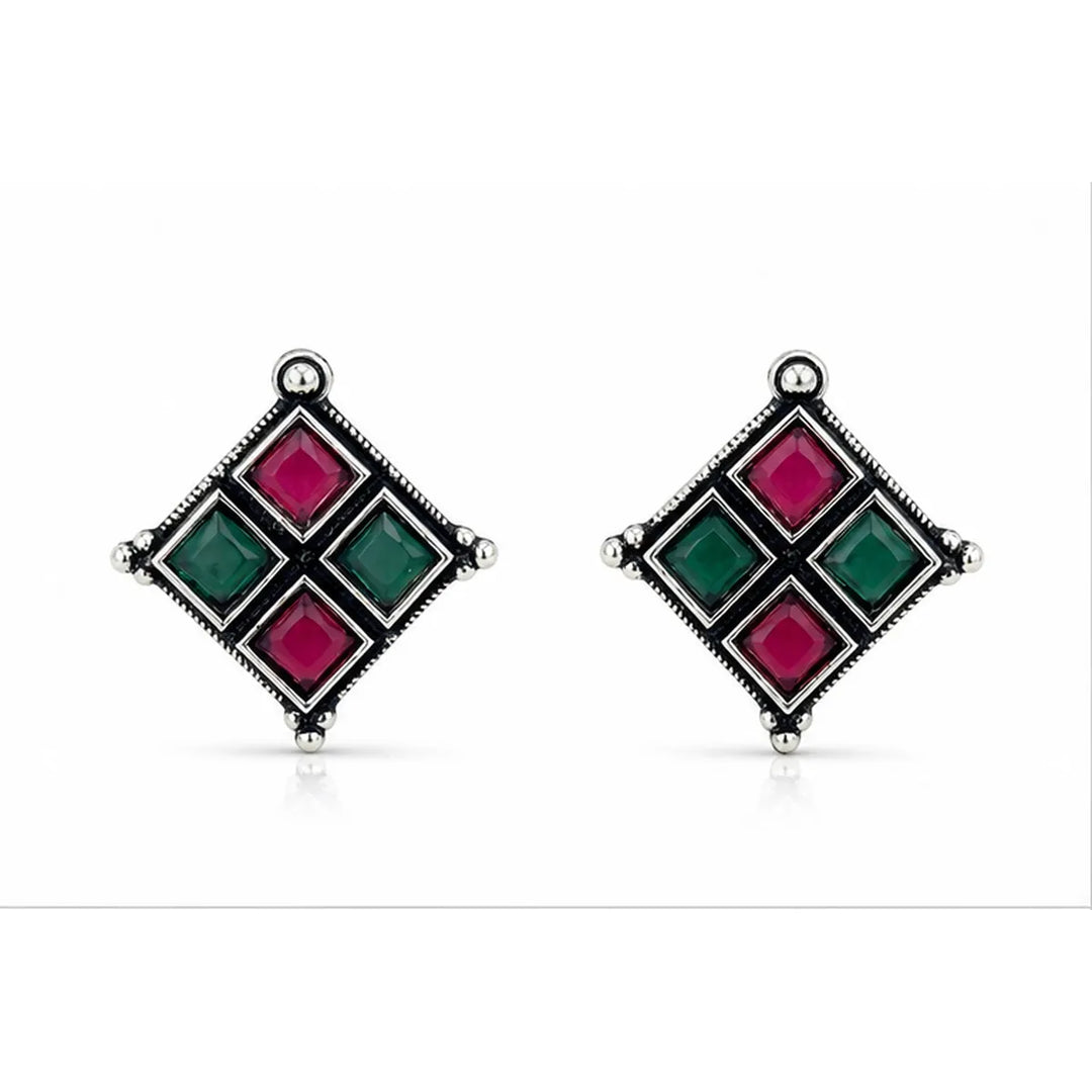 Oxidised Diamond Grid Square Stone Stud Earrings