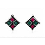 Load image into Gallery viewer, Oxidised Diamond Grid Square Stone Stud Earrings
