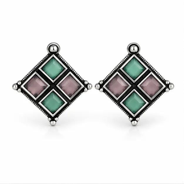Oxidised Diamond Grid Square Stone Stud Earrings
