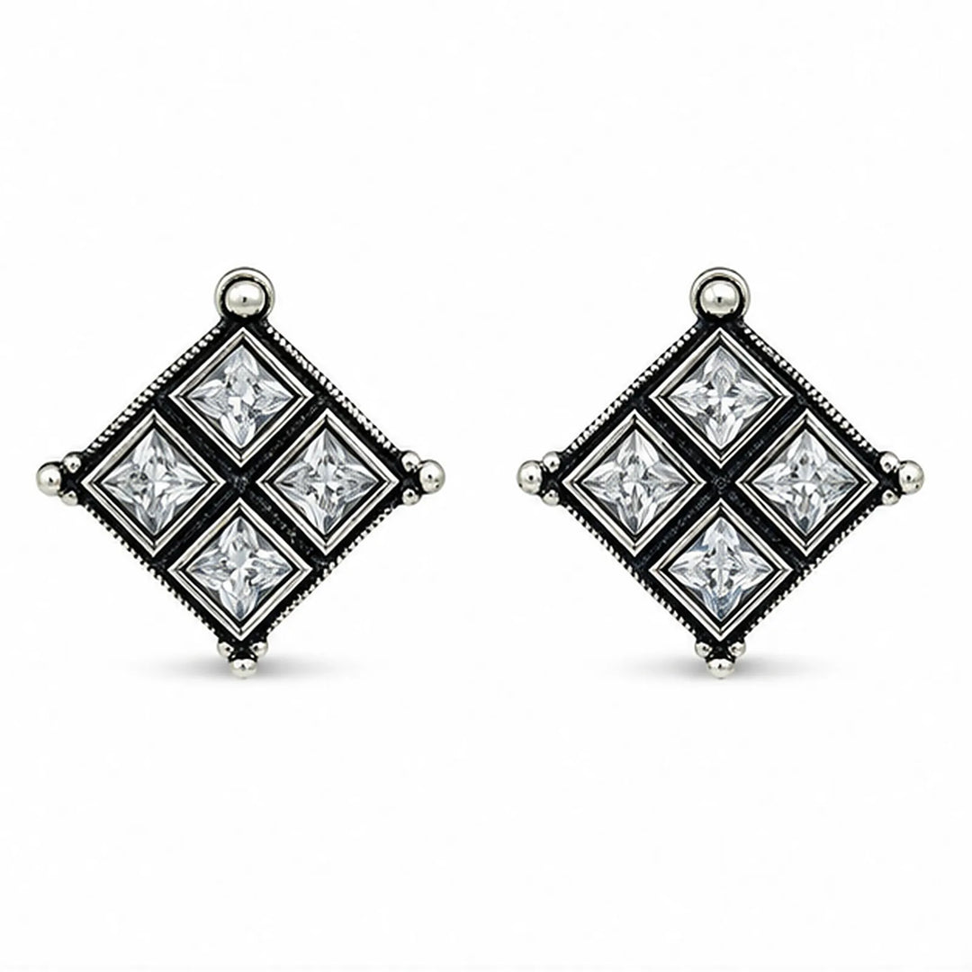 Oxidised Diamond Grid Square Stone Stud Earrings