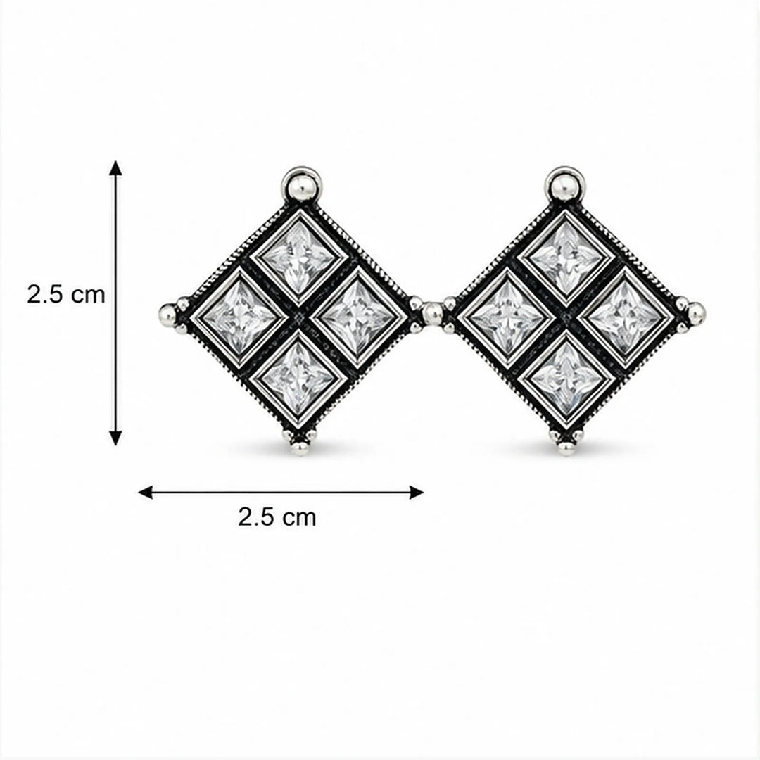 Oxidised Diamond Grid Square Stone Stud Earrings