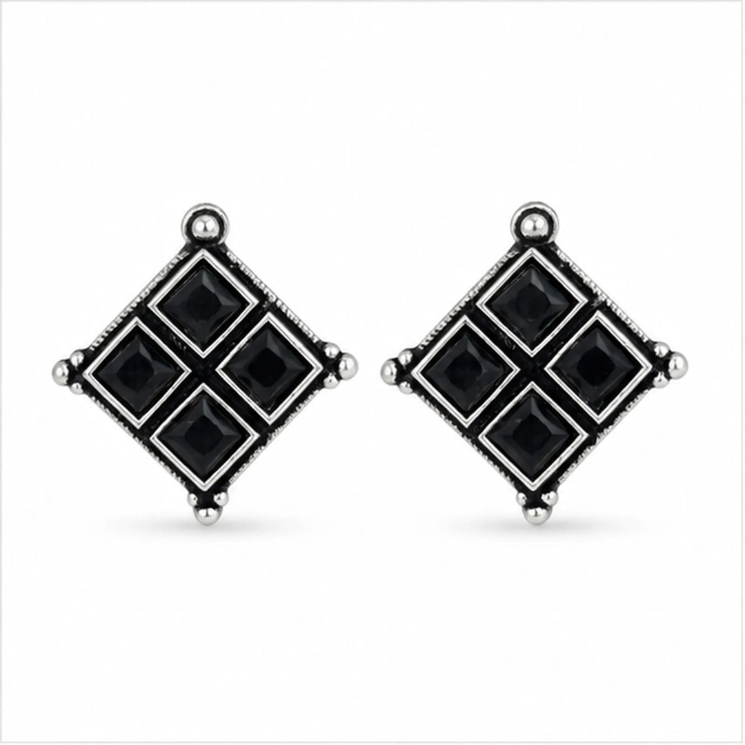 Oxidised Diamond Grid Square Stone Stud Earrings