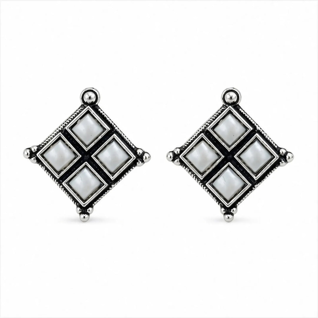 Oxidised Diamond Grid Square Stone Stud Earrings
