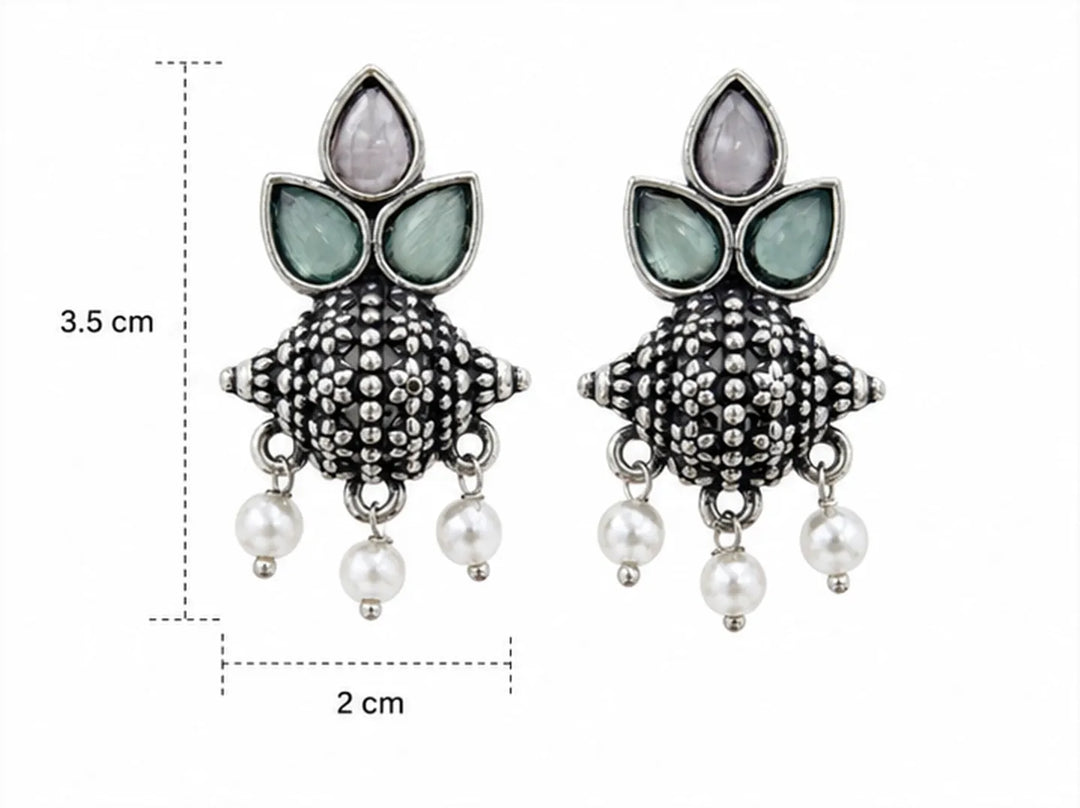 Oxidised Tri-Petal Dome Jhumka with Pearl Drops