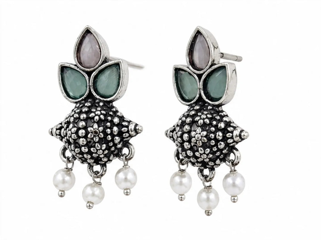 Oxidised Tri-Petal Dome Jhumka with Pearl Drops