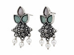 Load image into Gallery viewer, Oxidised Tri-Petal Dome Jhumka with Pearl Drops
