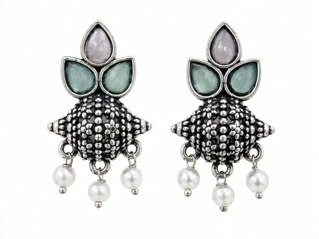 Oxidised Tri-Petal Dome Jhumka with Pearl Drops