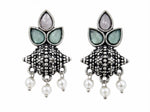Load image into Gallery viewer, Oxidised Tri-Petal Dome Jhumka with Pearl Drops
