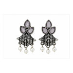 Load image into Gallery viewer, Oxidised Tri-Petal Dome Jhumka with Pearl Drops
