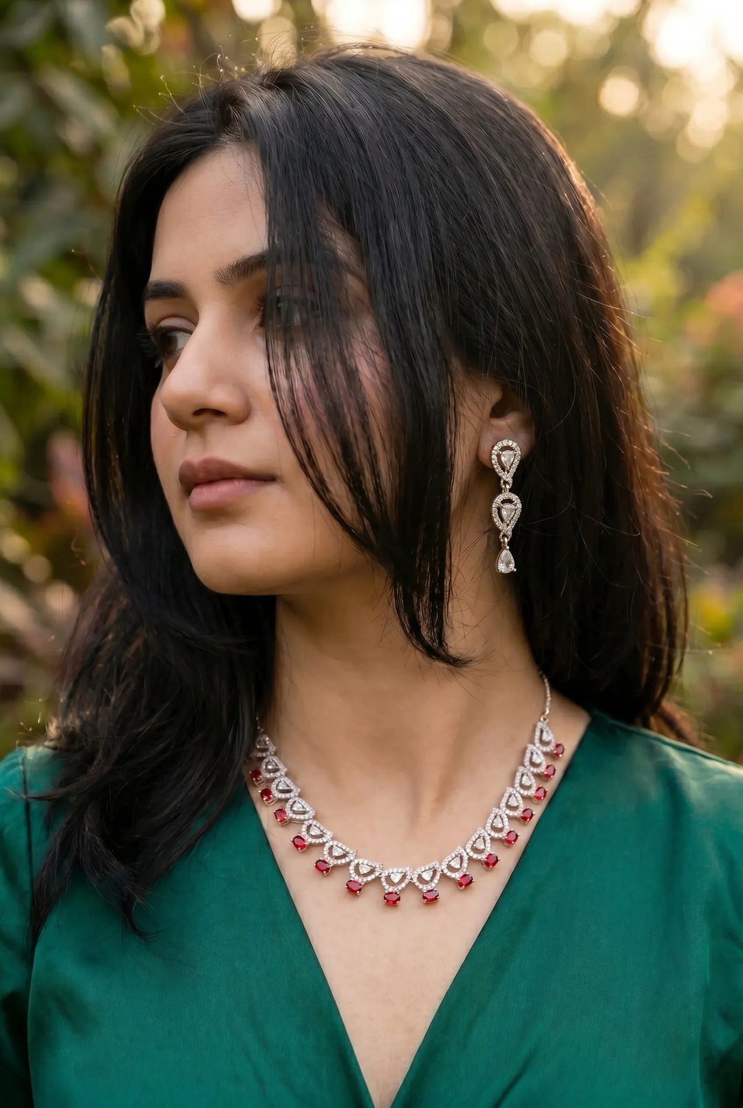 Silver & Ruby AD Necklace Set