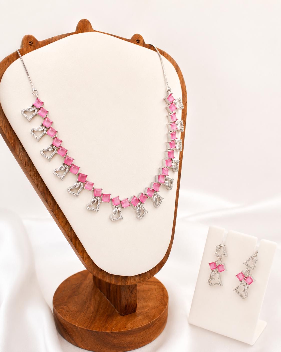 Ad blush pink square stone necklace set