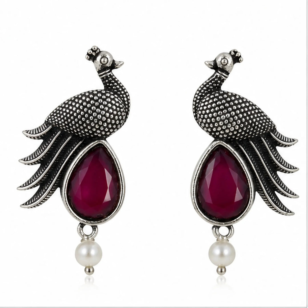 Oxidised Peacock Stone Pearl Drop Earrings