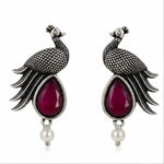 Load image into Gallery viewer, Oxidised Peacock Stone Pearl Drop Earrings
