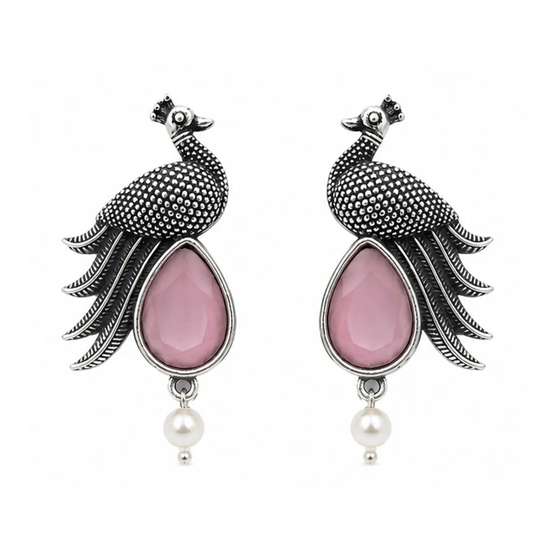 Oxidised Peacock Stone Pearl Drop Earrings