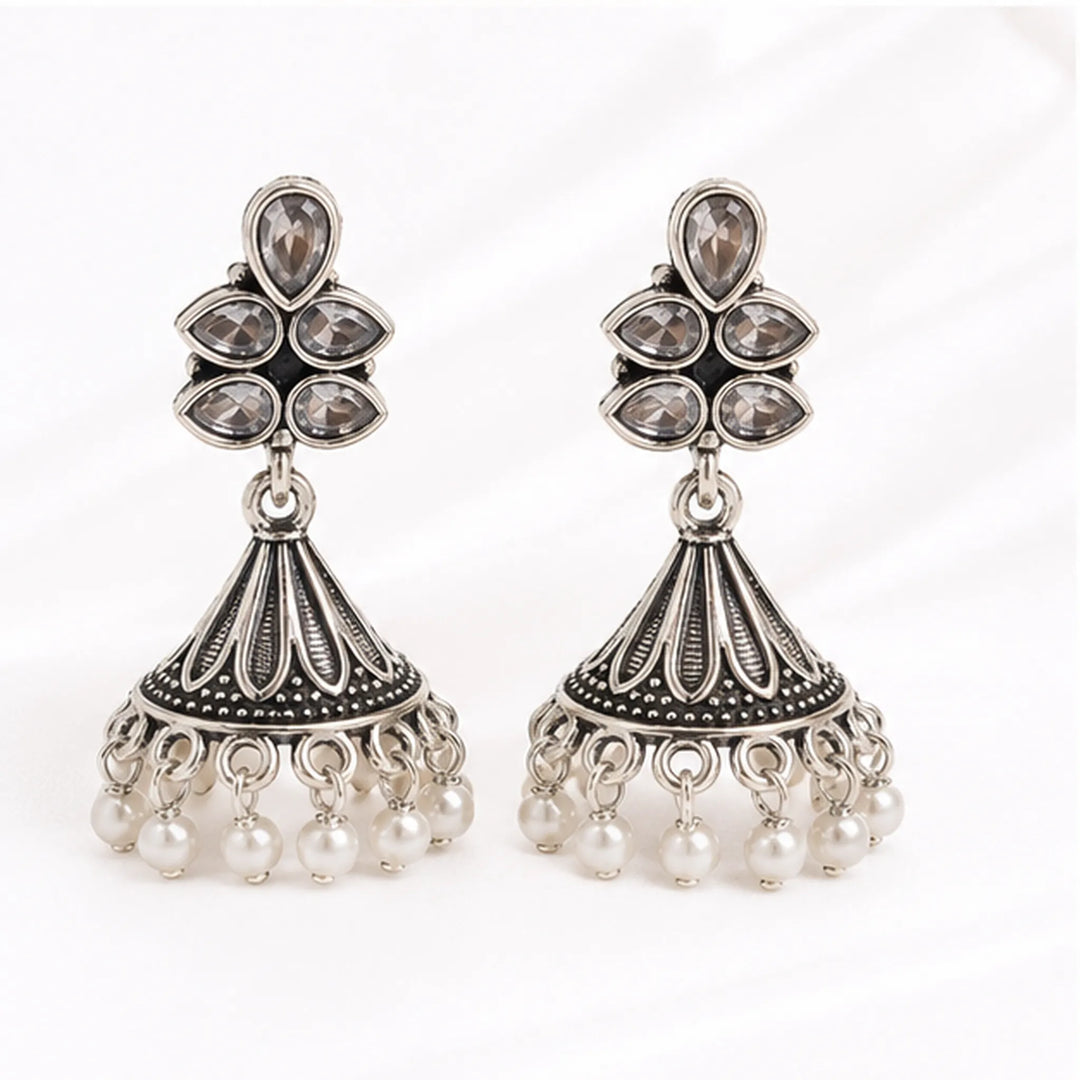 Oxidised Floral Top Bell Jhumka with Pearl Drops